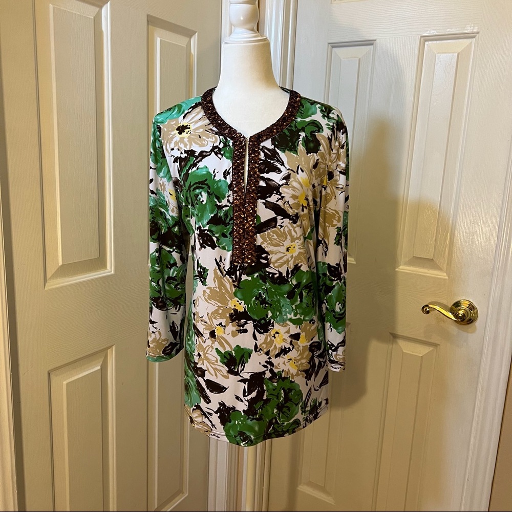 Peck & Peck Floral Print Green White Brown Sequins V-Neck Tunic Top Size Medium